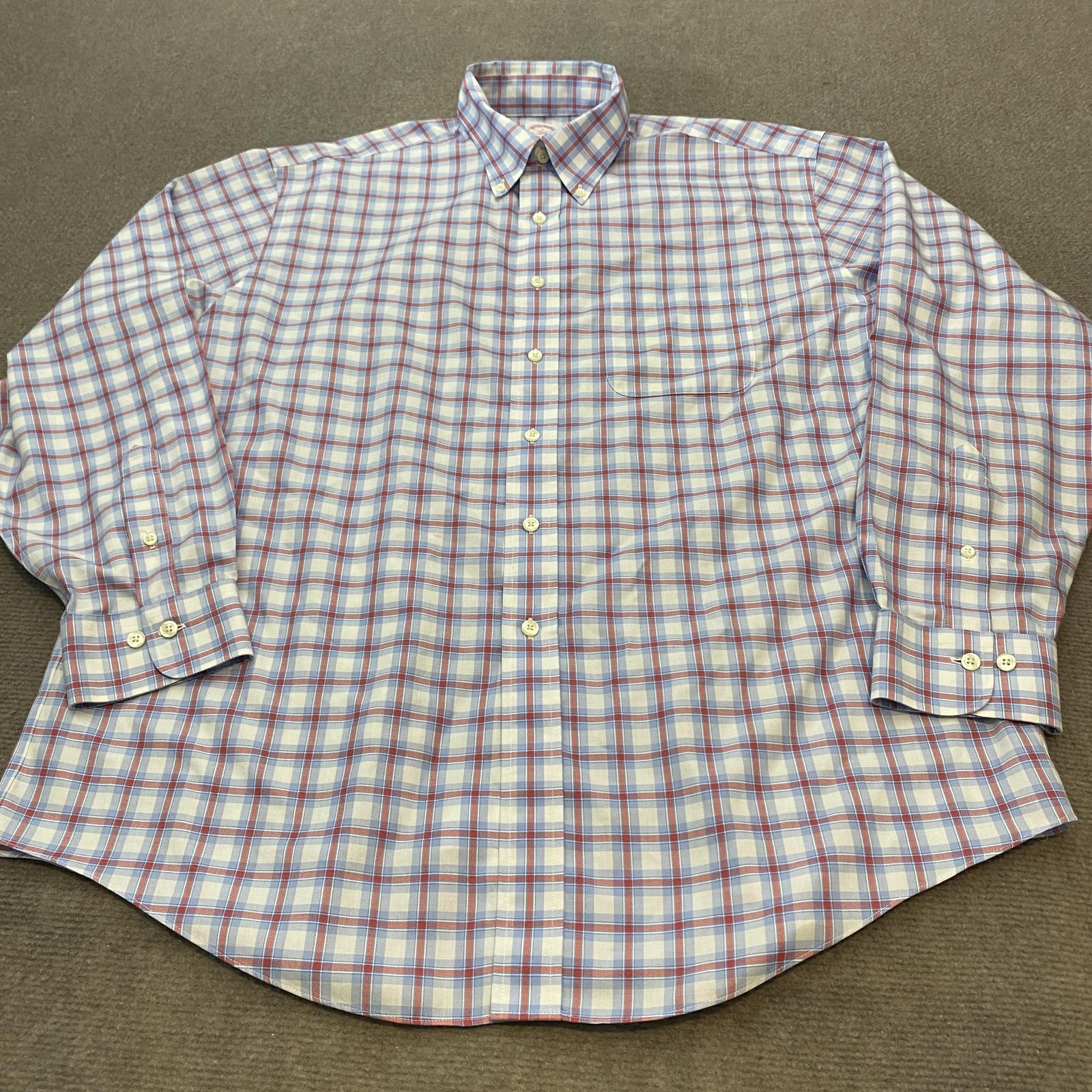 Brooks Brothers 346 Shirt Mens Large Blue Red Plaid Non Iron Cotton Button Up
