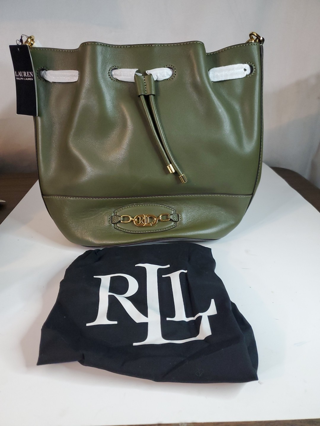 Lauren Ralph Lauren Olive Green Leather Large Andie Drawstring Bag NWT -READ