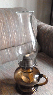  FINGER HOLD OIL LAMP- LIGHT AMBER -ANTIQUE INNER THREADS. FONT  1900's