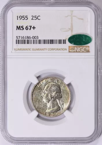 1955 Quarter NGC MS-67+ (CAC Green)(Toned) TOP POP Lot #686 Sealy, Texas Estate
