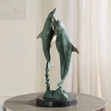 Attractive Aluminum And Marble Flirty Dolphin Duo Sculpture Marine Life