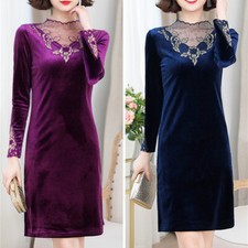 Women Velvet Dress Embroidery Mesh V-neck Stretchy Cocktail Evening Party