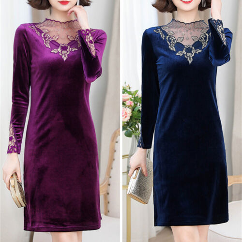 Women Velvet Dress Embroidery Mesh V-neck Stretchy Cocktail Evening Party - Picture 1 of 14