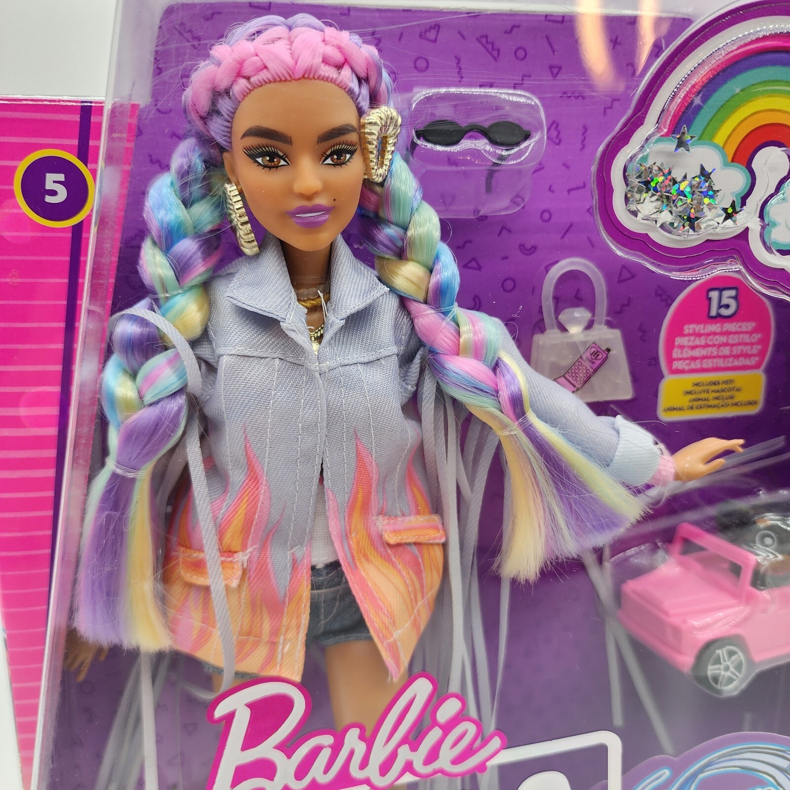 Barbie Extra Rainbow Hair Doll with Little Dog with Car. Fringed Jacket, Boots