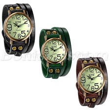 Men's Womens Retro Leather Strap Quartz Wrist Watch Twisted Bracelet Bangle Cuff