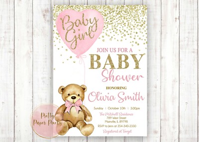 Bear Baby Shower Invitation, Girl, Pink, Baby, Bear, Teddy