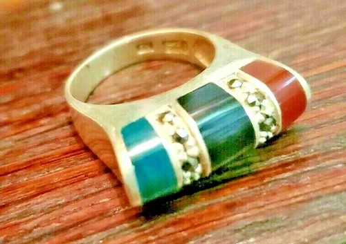SIGNED VINTAGE STERLING RING CARNELIAN BLACK ONYX AVENTURINE MARCASITE 6.75 - Picture 3 of 9