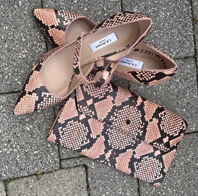 lk bennet shoes and matching clutch bag snake skin print black and
