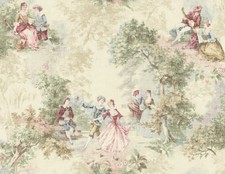 Wallpaper French Toile Faux Tapestry Green Blue Red Pink on Cream, 60 sq ft Bolt