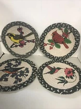 Set Of 4 Braided Bird Cottage Trivit 9" Round Cotton Pot Holders Hot Pads