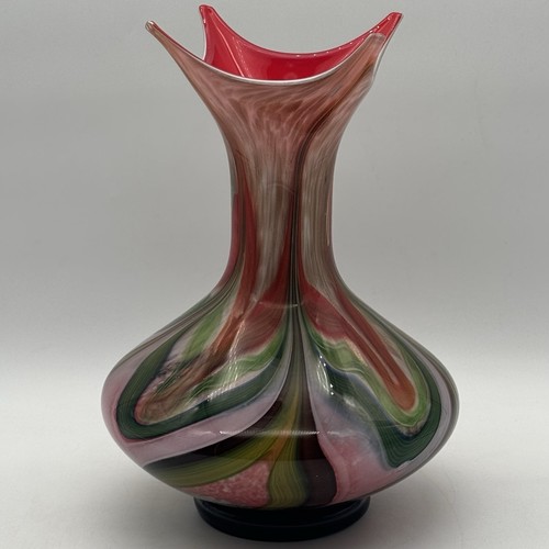 Swirl of Vibrant MCM Colors Art Glass Vase Hand-Crafted Fluted Top 12” Tall - Picture 4 of 12