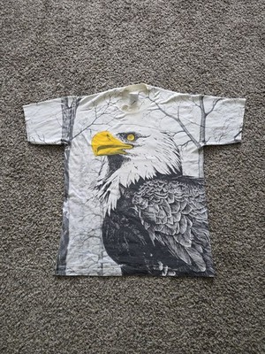 Vintage 90s Bald Eagle AOP Nature T-Shirt Size Large USA All Over Print 