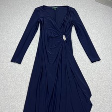 Ralph Lauren Evening Dress Women's 8 Blue Rhinestone Brooch V-Neck Long Sleeve