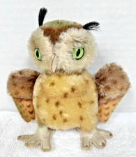 Vintage Mohair Owl w Felt Printed Wings Green Eyes 5 1/4 inches Tall