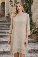 Italian Linen Crochet Trim Shift Dress Womens S Beige Stella Rosa