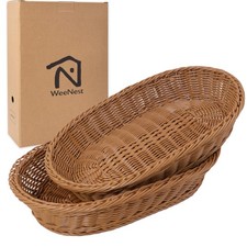 2 PCS Light Brown Oval Wicker Bread Basket, Woven Serving Tray, Storage