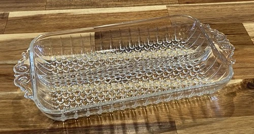 Vintage Anchor Hocking Hobnail Glass Divided Rectangular Handled Relish Tray