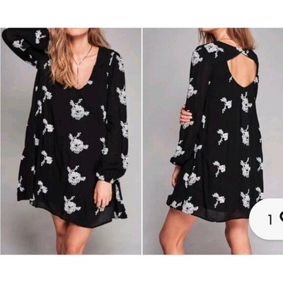 Free People Emma Black Floral Embroidered Guazy Mini Cutout Back Boho Babydoll