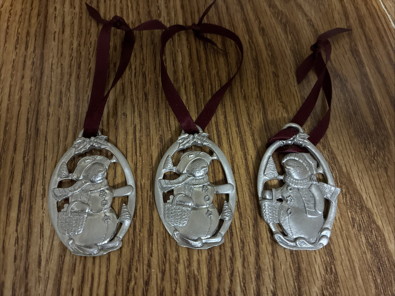 All 3 Longaberger "Snow Friends" pewter snowman Ornaments, small 1999 date