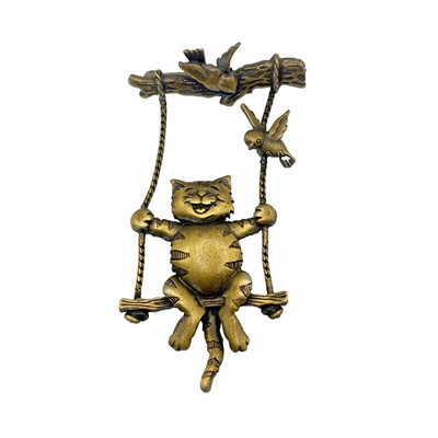 JJ Gold Tone Cat On Swing Birds Figural Brooch Pin Whimsical Nature Jewelry