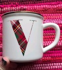 "V" COFFEE CUP MUG Pottery Barn Plaid And Gold On Ceramic — photo 1
