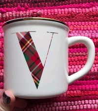 "V" COFFEE CUP MUG Pottery Barn Plaid And Gold On Ceramic