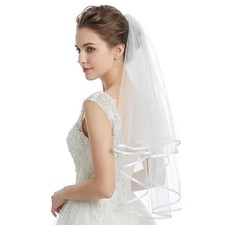 Tucnoeu White Bridal Veil Short 2 Tier Veil with white binding and Comb for