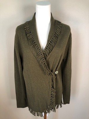 NWT Peck & Peck Cashmere Wrap Front Shawl Collar Fringe Detail Olive Sweater - L