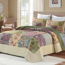 Bohemian Floral King Size Quilt Set - Rustic Patchwork Bedspread, Soft Microfibe