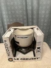 Vintage Le Creuset Crème Enameled Cast Iron Fondue Set 6 Stainless Forks New