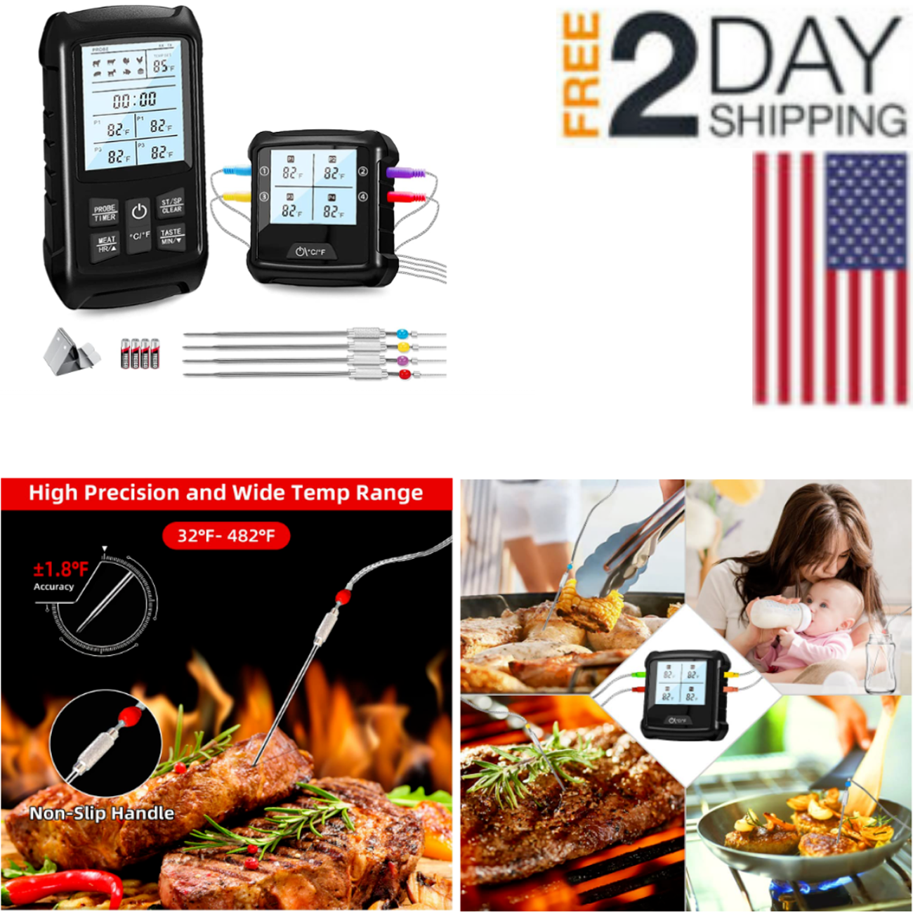 Bluetooth Meat Thermometer BBQ Cooking 4 Probes Rechargeable with Clock Timer-image