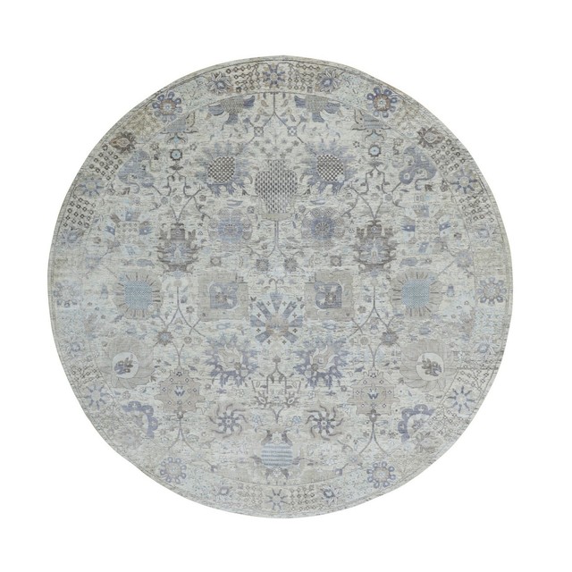 10'x10' Round Ivory Silk With Textured Wool HandKnotted Fine Oriental