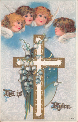 Cherubs Above Cross with Lovely Lily of the Valley on Old Easter PC-He Is Risen