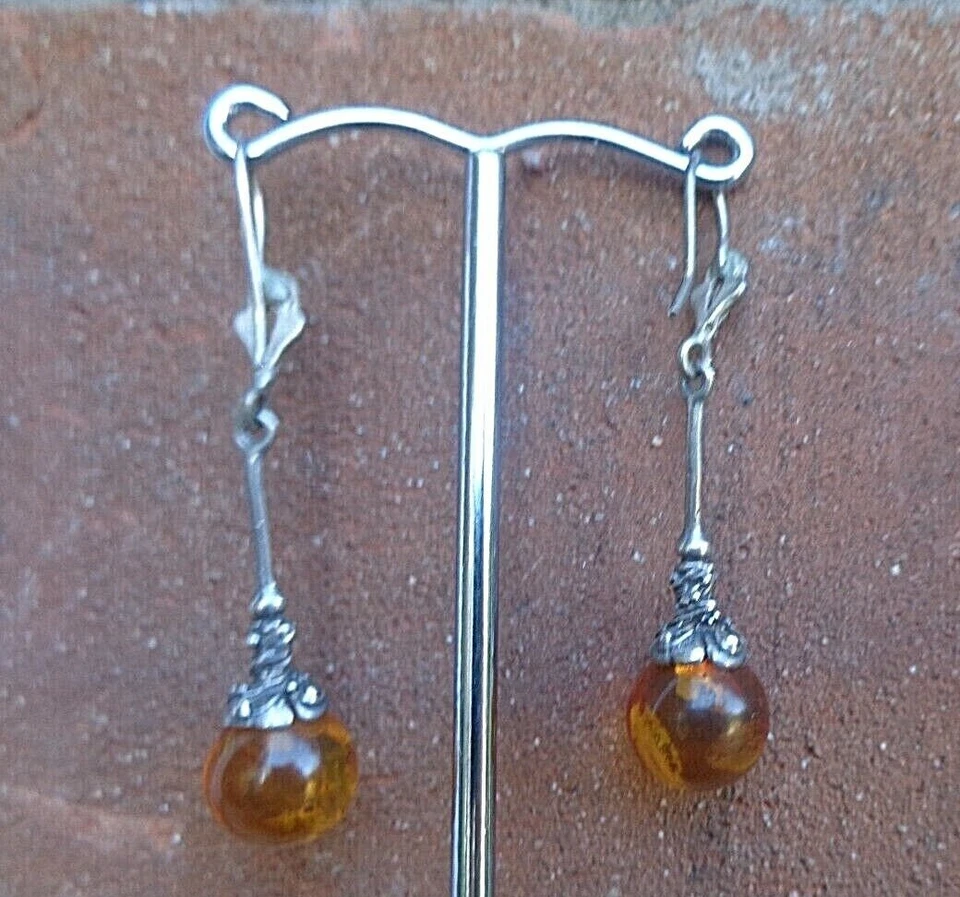 Attraente Argento Sterling E Ambra Orecchini Pendenti Moderni Stile - Ami - Immagine 3 di 4