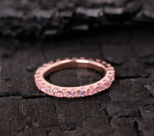 Anillo de zafiro rosa, anillo de plata 925, banda apiladora de boda, - Imagen 1 de 5