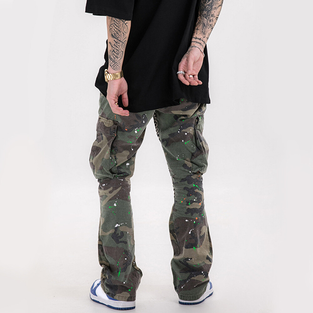 Mens Cargo Camo Pants Flare Bell Bottom Trousers Pockets