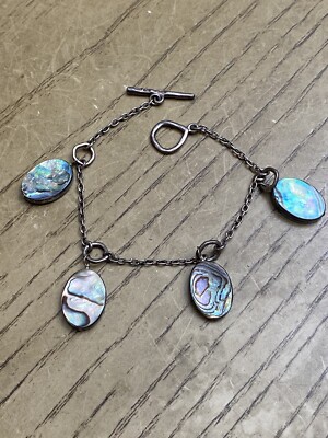 Barse Sterling Silver 925 Designer Signed Abalone Dangle Link Bracelet Size 