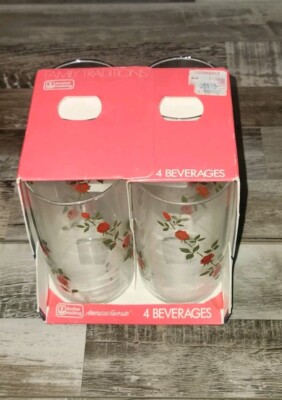 NEW in Box Anchor Hocking 4 Beverages Glasses Climbing Red Roses