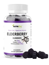 Black Elderberry Gummies Vitamin C Zinc 260mg Natural Berry Flavor Immune Boost 