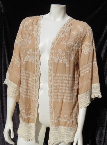 SOLITAIRE US Women’s S Beige Ivory Embroidered Rayon Open Jacket Top Boho MINT! - Picture 5 of 6