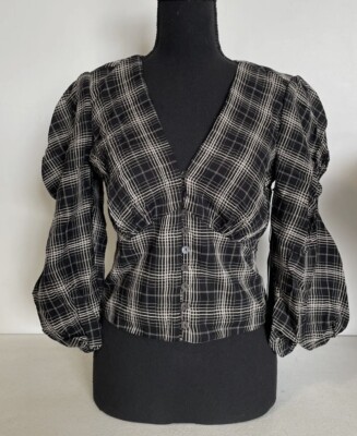 Bailey 44 New Black White Plaid V Neck Abigail 3/4 Sleeve Top Xs $228