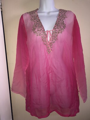 Boston Proper Tunic Cover Up S Pink Ombre Embroidered Sexy Beach Ombré 100% Silk
