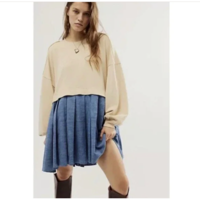 Free People Eleanor Denim Sweatshirt Small NEW