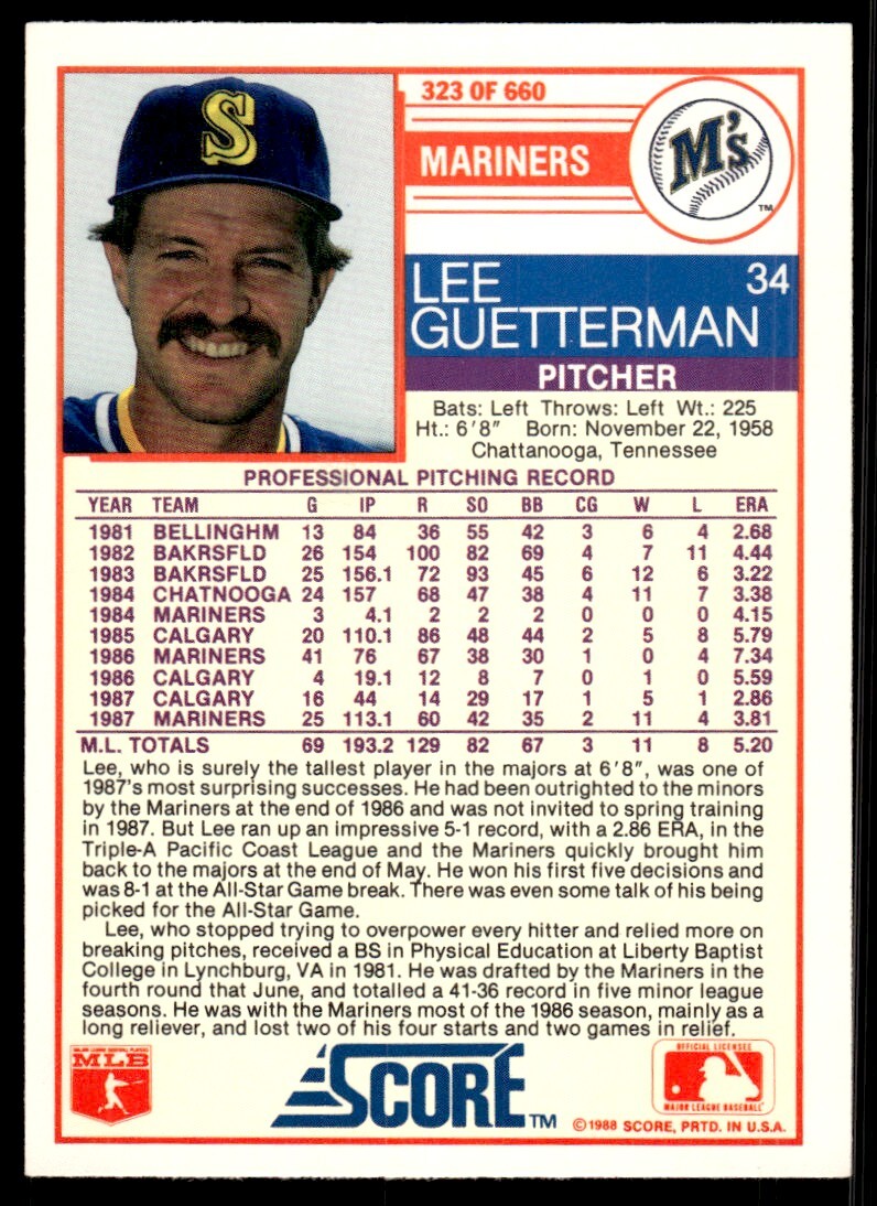 1988 score baseball card lee guetterman seattle mariners 323 ebay