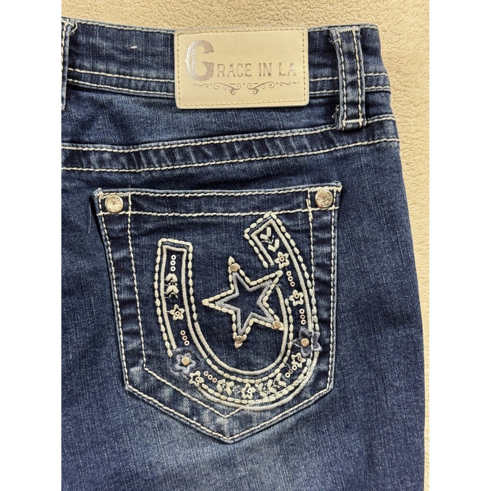 Grace in LA Womens Bootcut Embroidered Horseshoe Blue Jeans 9-29 Meas: 29x29