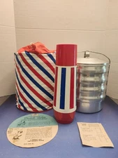 Vtg Regal Ware Picnic Pack Food Carrier Tote~Thermo-Serv Thermos Bottle~Stripes