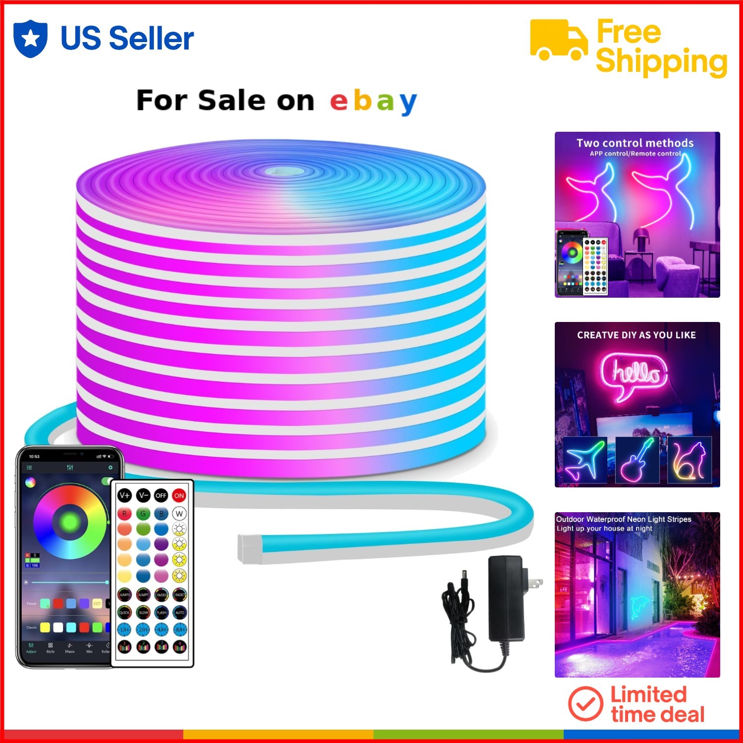 50ft Waterproof RGB LED Neon Rope Light Strip with Remote for Indoor Outdoor