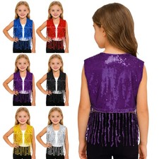 Kids Girls Crop Top Rave Waistcoat Fringed Vest Carnival Stage Jazz Costume