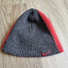 vtg Nike Hat Winter Beanie Knit Gray Red Embroidered Swoosh Kids Youth One Size