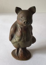 Vintage Very Heavy Solid Cold Painted Bronze? Dressed Pig With Bag